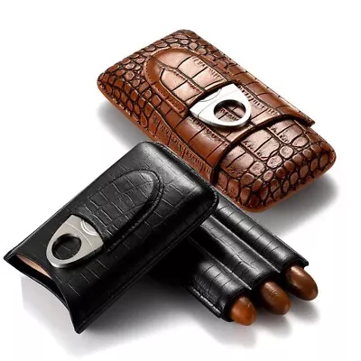 Leather Cigar Case 3 Finger Portable With Silver Stainless Steel Cutter Humidor • $19.99