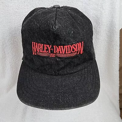 Vintage Harley Davidson Motorcycles Hat Cap Black Denim Snapback Red Script Logo • $30.87