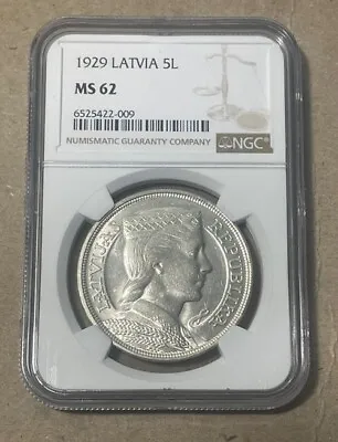 Latvia - 1929 Silver 5 Lati (NGC MS 62)! • $185