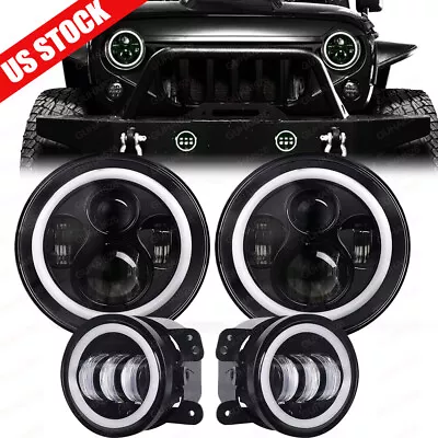 2x 7'' Round LED Headlights Halo DRL+4'' Fog Light Fit Jeep Wrangler JK LJ TJ CJ • $65.79