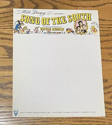 $124.99 • Buy Song Of The South Letterhead 1946 Walt Disney Studios Rare Splash Mountain