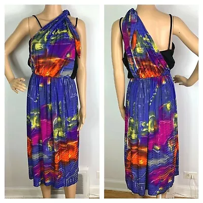 Vtg 70s Janine Robin Paris Dress Sz S Disco Party Art To Wear Black Blue • £24.12