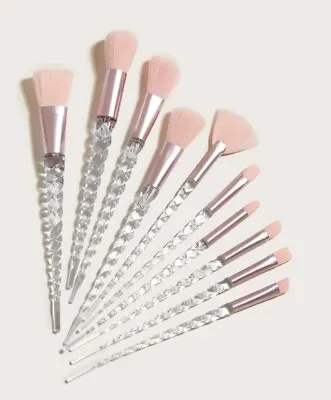 Makeup Brush Set 10pcs Unicorn Crystal Clear Pink Spiral Eyeshadow Face Brushes • $19.95