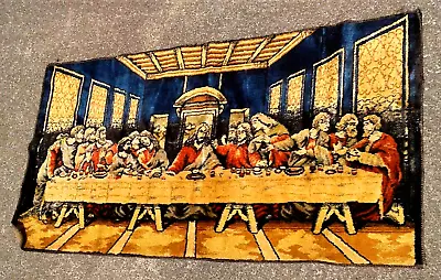 Vintage Last Supper Velvet Tapestry Wall Hanging Jesus W Apostles Bright Colors • $32