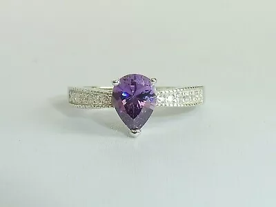 Ladies Solid 925 Sterling Silver Pear Cut 1 Carat Amethyst & White Sapphire Ring • £26.15