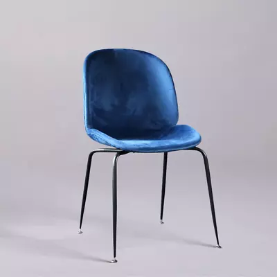 Velvet Dining Chair Blue Velvet Upholstered Seat Black Retro Metal Legs • £50