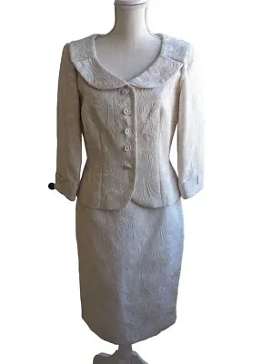 Maggie London Skirt And Blazer  Suit Set  4 6 Christmas Ivory Silver Mad Men • $49