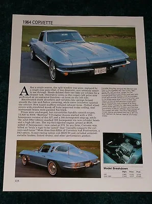 ★★1964 Chevy Corvette Spec Sheet 64 Coupe Sting Ray Stingray Photo 327 Info★★ • $7.99