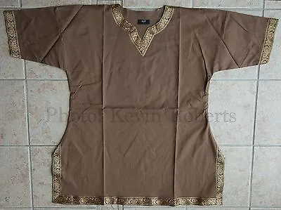 Viking Saxon Tunic Shirt Brown + Gold Trim 100% Cotton Historically Accurate • $36