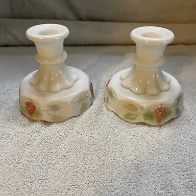 Vintage Westmoreland Lusterware Milk Glass Candle Holders Grapes • $12.99