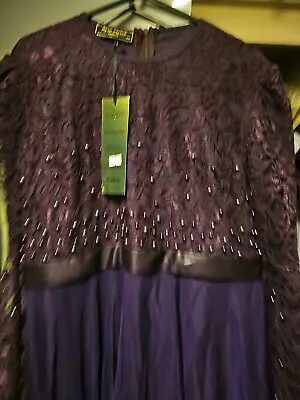 Lace Purple Party Dressabaya  Indian Maxi Dress Churidar Size 12-14 Length 138 • £13.99