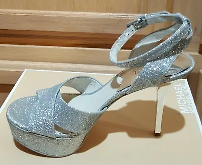 Michael Kors GIDEON Silver Glitter Sparkle Strappy Sandal 8.5M - MSRP $180  • $143.99