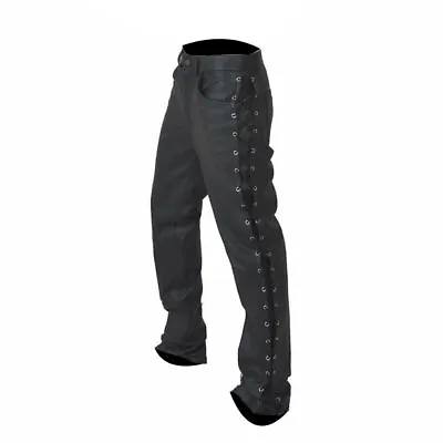 Mens Side Laced Biker Pants Genuine Leather Black Jeans Stylish Fashion Trousers • $109.99