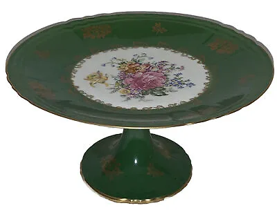 VTG COULEUVRE LIGNE LIMOISE FRANCE D'ART PORCELAIN CAKE STAND Green Hand Painted • $39.99