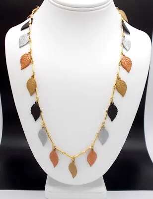 $14.99 • Buy Vintage Designer Inspired Black Gold Copper Enamel Leaf Charm Necklace 24 