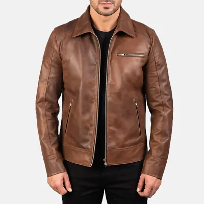 Mens Cafe Racer Leather Motorcycle Biker Black Brown Genuine Lamb Leather Jacket • $98.99