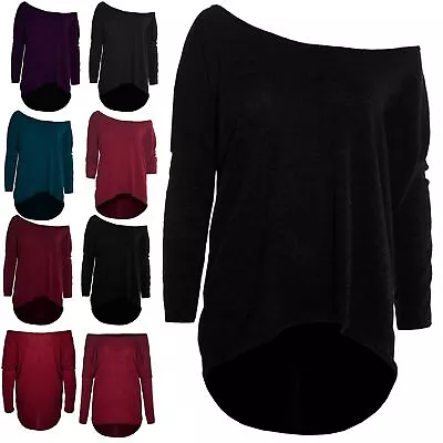 Ladies Jumper Womens One Off Shoulder Bardot Knit Lagenlook Layering Baggy Top • £8.99