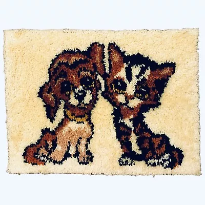 $40 • Buy Malina Big Eyes Dog And Cat Latch Hook Rug Finished Completed 20  X 27  Vintage