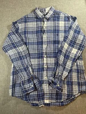 POLO Ralph Lauren Men’s 100% Linen Blue Madras Plaid Long Sleeve Button Shirt XL • $28.99