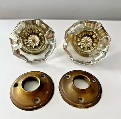 Set Of 2 Antique Victorian 8 Point Octagon Crystal Glass Brass Door Knobs • $20