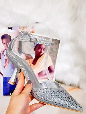 New Womens Ladies Diamante Mid Heel Strap Pointed Toe Party Wedding Sandal Shoes • £14.24