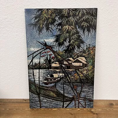 Vietnamese Wood Black Lacquer Eggshell Asian Wall Art Stilt Houses Boat • $52.80