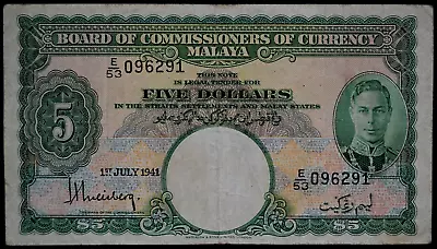 MALAYA 1941 GEORGE VI $5 DOLLARS BANKNOTE.                                Y1c • £125