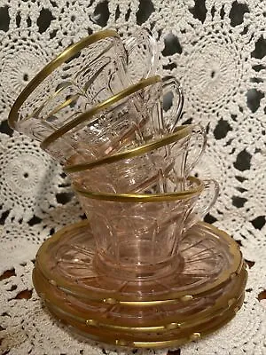 Diamond Glass Comp Victory Pink Depression Glass Cup Saucer Gold Trim 1929-1932 • $75