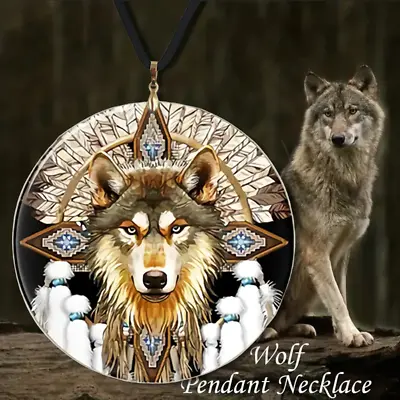 Jewelry Wolf Head Round Acrylic Pendant Necklace Native American Feathers • $11.18