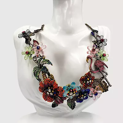 Charming Charlies Rhinestone Necklace Flamingo Flowers Mermaid Core Multicolor • $39