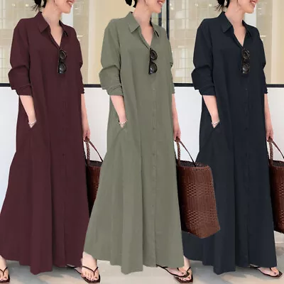 ZANZEA Womens Long Sleeve Button Up Solid Busimess Oversized Maxi Shirt Dress AU • $22.73