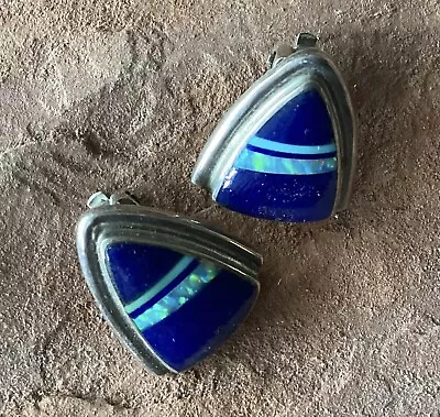 Native American Multi Stone Inlay  Clip Earrings Sterling Silver  Signed • $32