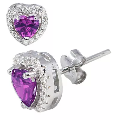 Sterling Silver 925 Halo Birthstone Heart Shape Cubic Zirconia Earring Studs • $8.50