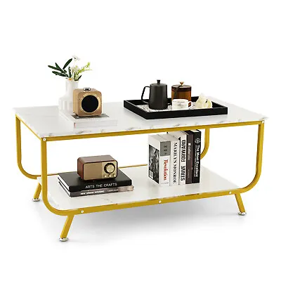 Giantex Coffee Table Faux Mable Tabletop 2-Tier Storage Shelf Modern • $89.95