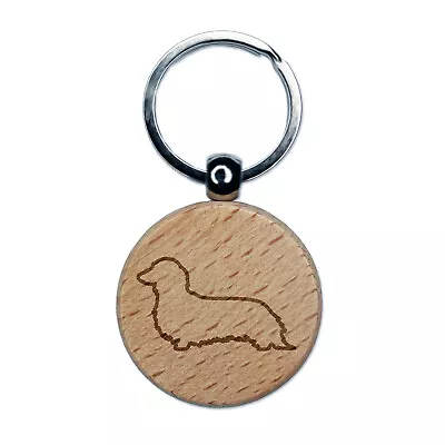 Long Haired Dachshund Dog Outline Engraved Wood Round Keychain Tag Charm • $9.99