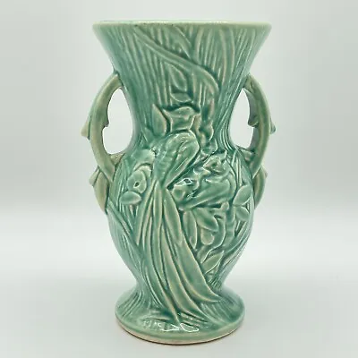 Vintage McCoy 1948 Bird Of Paradise Two Handle Vase Teal Aquamarine 8  Tall • $54.99