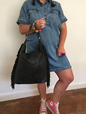 £29.99 • Buy  Kenneth Cole Reaction Highly Desirable Boho Hobo Black Leather Fringed Bag