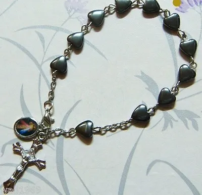  Divine Mercy Rosary BRACELET - Heart Shaped Hematite Bead - 8 Mm - NEW • $4.50