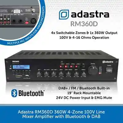 Adastra RM360D Bluetooth DAB Mixer Amplifier 360W 100V 19  Rackmount PA Install • £395