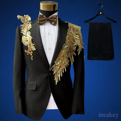 Mens Black Gold Sequins Rhinestone One Button Coats&pants Suits Formal Dress New • $123.94