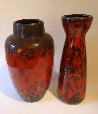 2 Mid Century Modern Red & Black Scheurich German / Germany Fat Lava Glaze Vase • $150