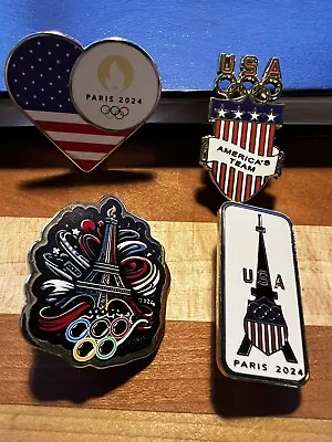 2024 Paris Olympics Badge Set Of 4 Pins- Flag Heart With Logo Eiffel & Team USA • $47.95