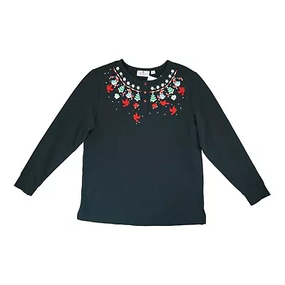 NWT QUACKER FACTORY Jeanne Bice Black Sweater Christmas Embroidered Size Small S • $29.95