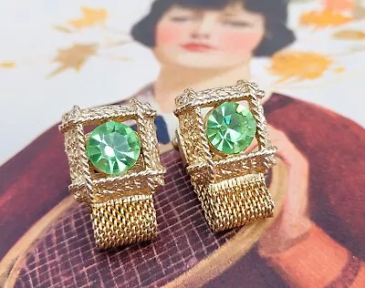 Vintage Uranium Glass Green Mens Gold Tone Wrap Around Cufflinks • $37.99