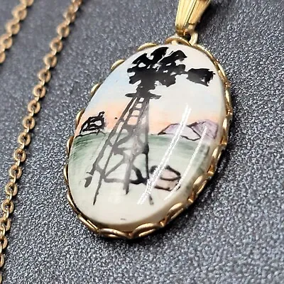 Vintage Necklace Hand Painted Oval Pendant Windmill Costume Jewelry 18  Chain • $14