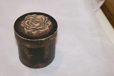 Vintage Round Trinket CARDBOARD Box With Flower Rose Bud On Top 3  X 3 H • $6