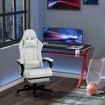 Racing Gaming Chair W/ Padded Arms PU Leather Gamer Recliner Home Office White • $156.99