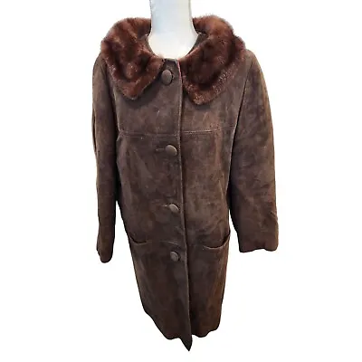 Vintage 60s Brown Mink Collar Suede Leather Coat Jacket L Mod Glam Pinup Volump • $84.47