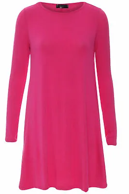 Women Ladies Long Sleeve Swing Dress Flared A Line Skater Dress Top Size 8-26 • £5.29