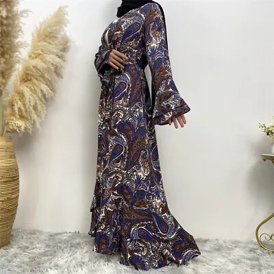 Women Print Maxi Dress Buttons Kaftan Muslim Abaya Islamic Robe Ramadan Caftan • $67.05